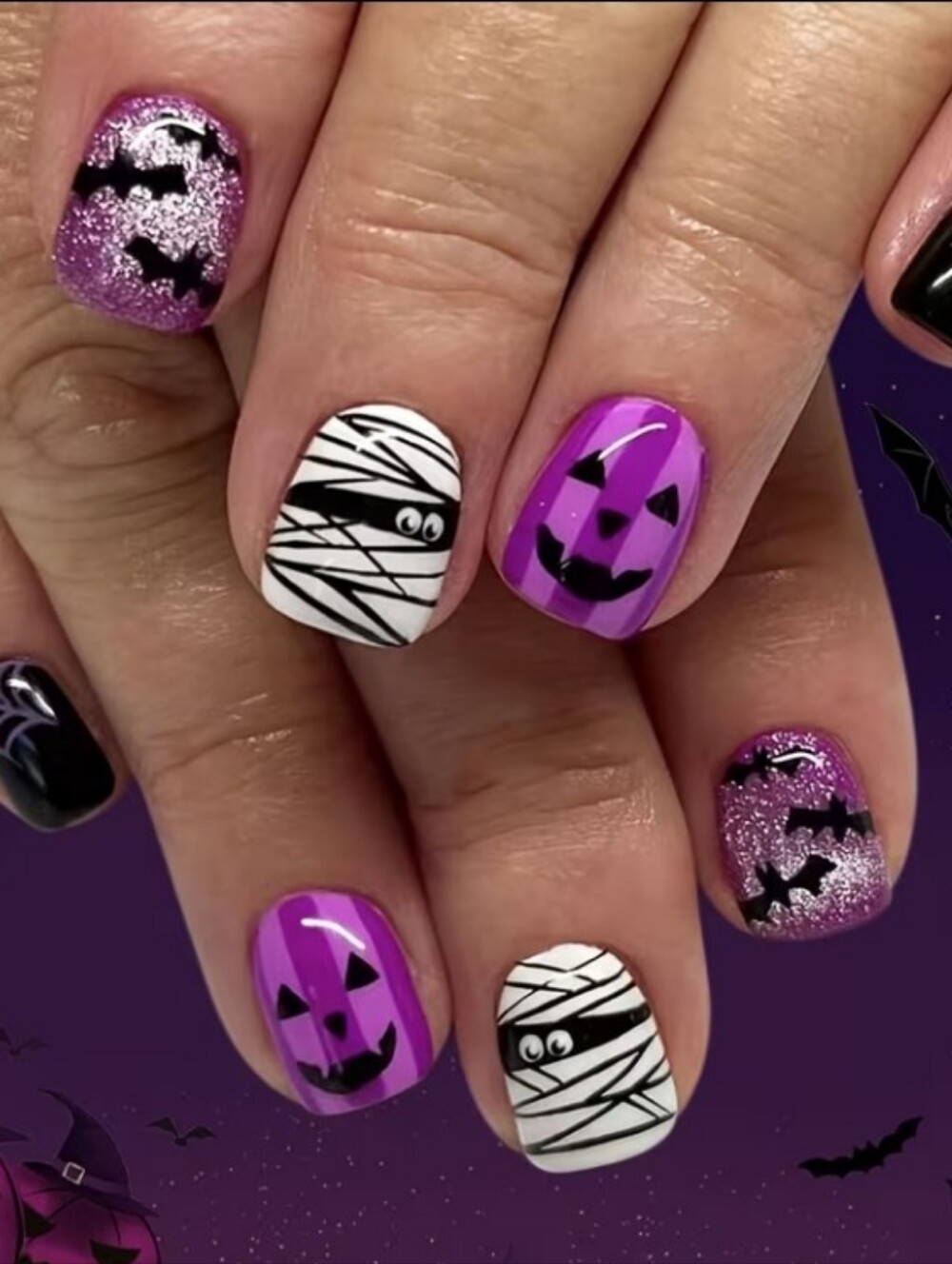 Halloween Press On Nail Set - Purple Pumpkin & Mummy Design